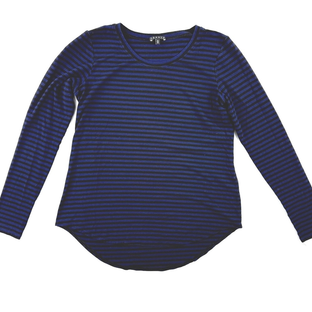 Theory Striped Shirt Womens Size M Blue‎ Black Long Sleeve USA Made Stretch Top